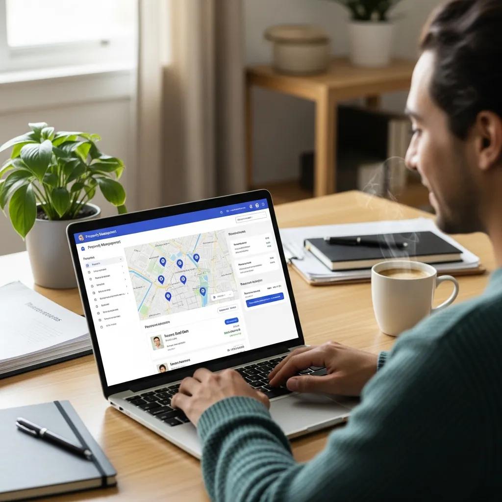 User engaging with property management software on a laptop in a modern workspace