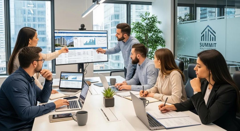 Team of accountants collaborating on real estate portfolio management in a modern office