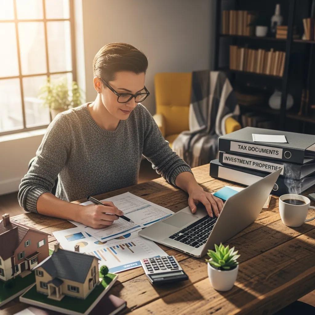 Real estate investor reviewing tax documents with house models and a laptop