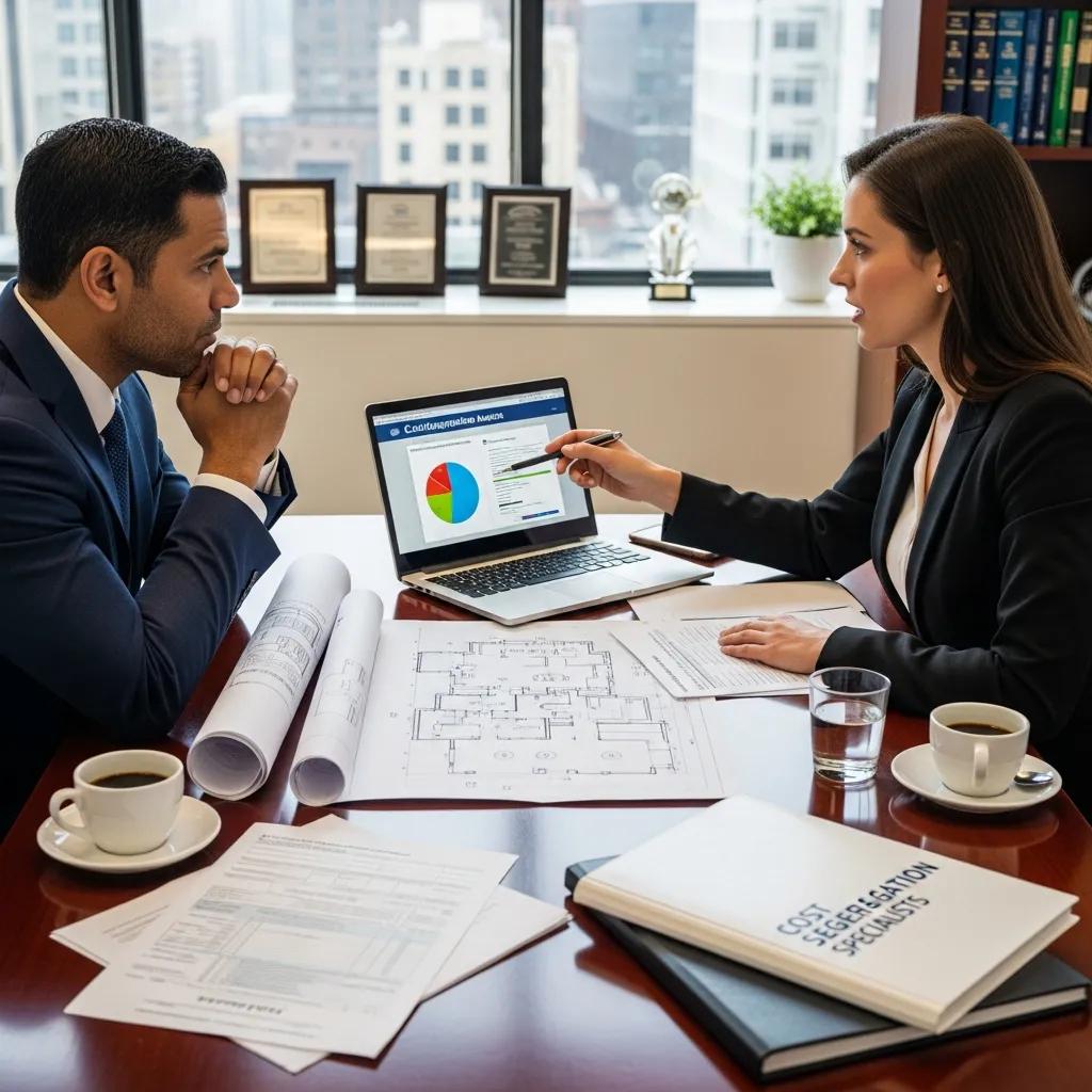 Real estate investor and accountant discussing cost segregation strategies with charts and blueprints