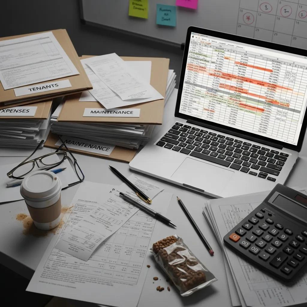 Cluttered desk with disorganized paperwork and a calculator, illustrating common bookkeeping errors in rental property management