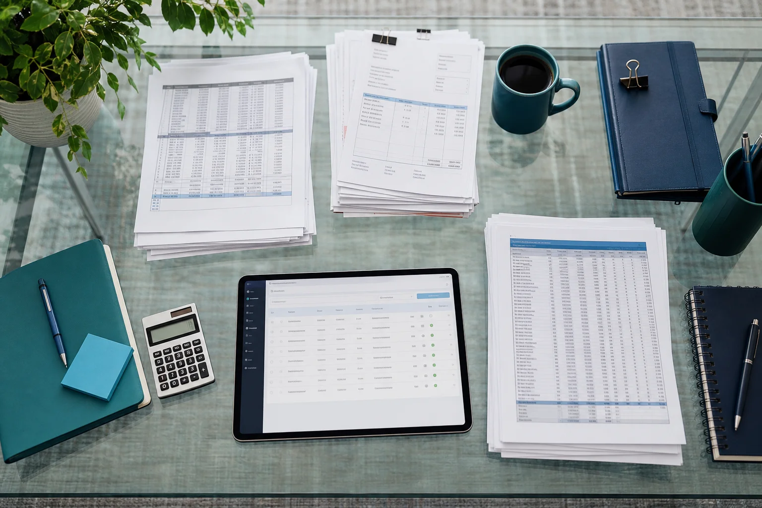 Overhead view of real estate accounting documents and property management software dashboard illustrating how to hire a real estate virtual assistant for your accounting team