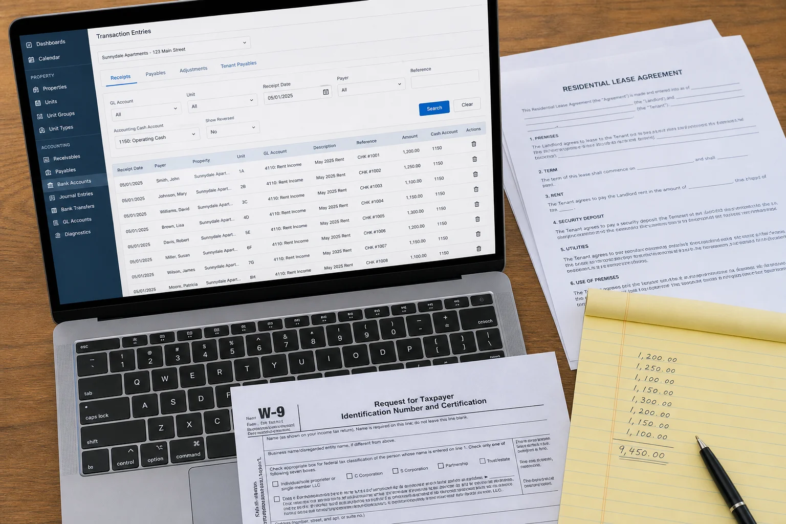 Virtual assistant reviewing real estate accounting documents and property management reports