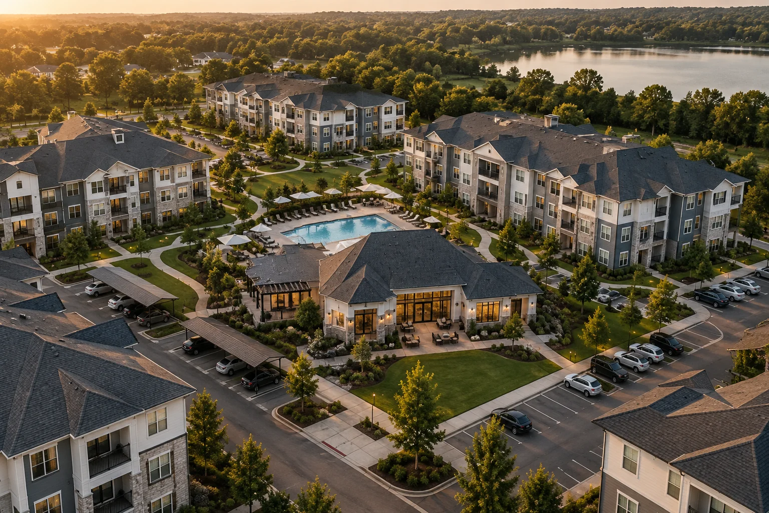 Aerial view of a multifamily apartment property representing the decision between hiring a property accountant and outsourcing the function