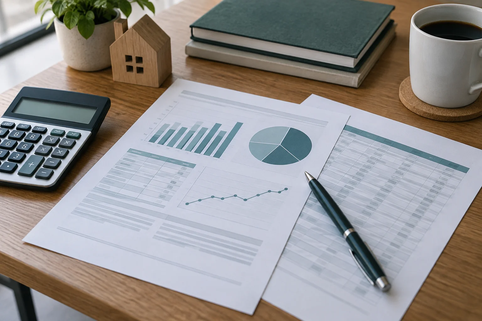 Close-up of a monthly property management financial report and rent roll spread on a desk