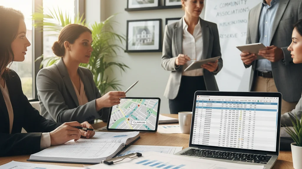 HOA accounting team reviewing financial spreadsheets and community association reports in a conference room