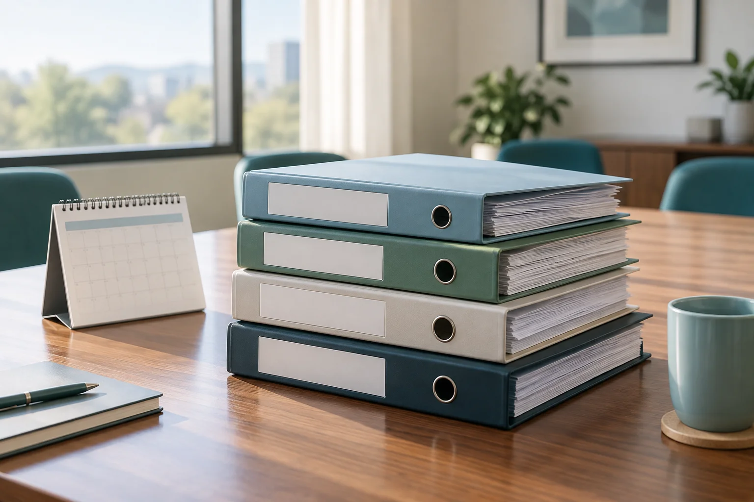 Stack of labeled HOA financial statements, bank statements, and governing documents bound and ready for audit season