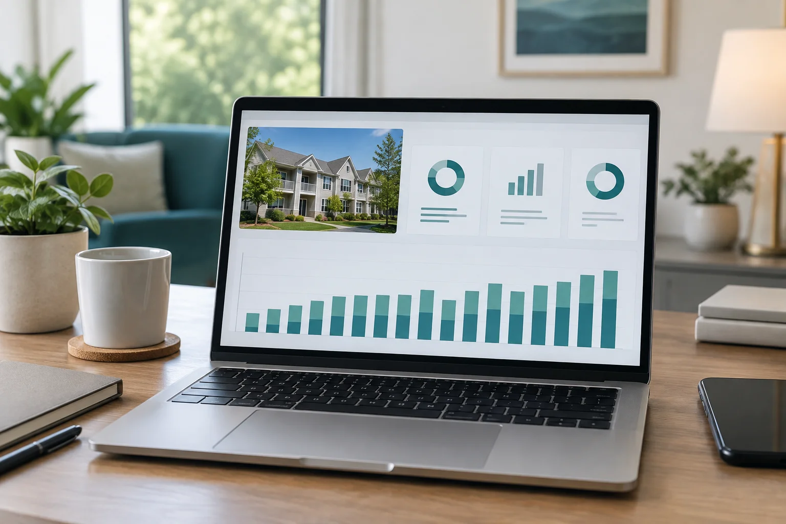 Financial dashboard on a laptop screen displaying HOA financial health metrics, budget charts, and reserve fund balances