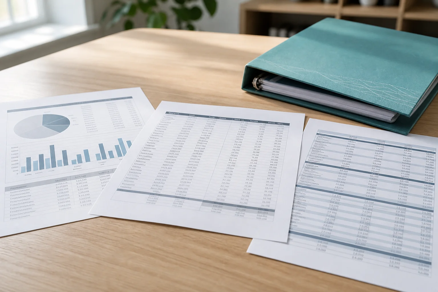 Close-up of HOA financial documents including a reserve fund schedule and monthly assessment ledger spread across a clean light wood desk surface, soft natural window light, shallow depth of field