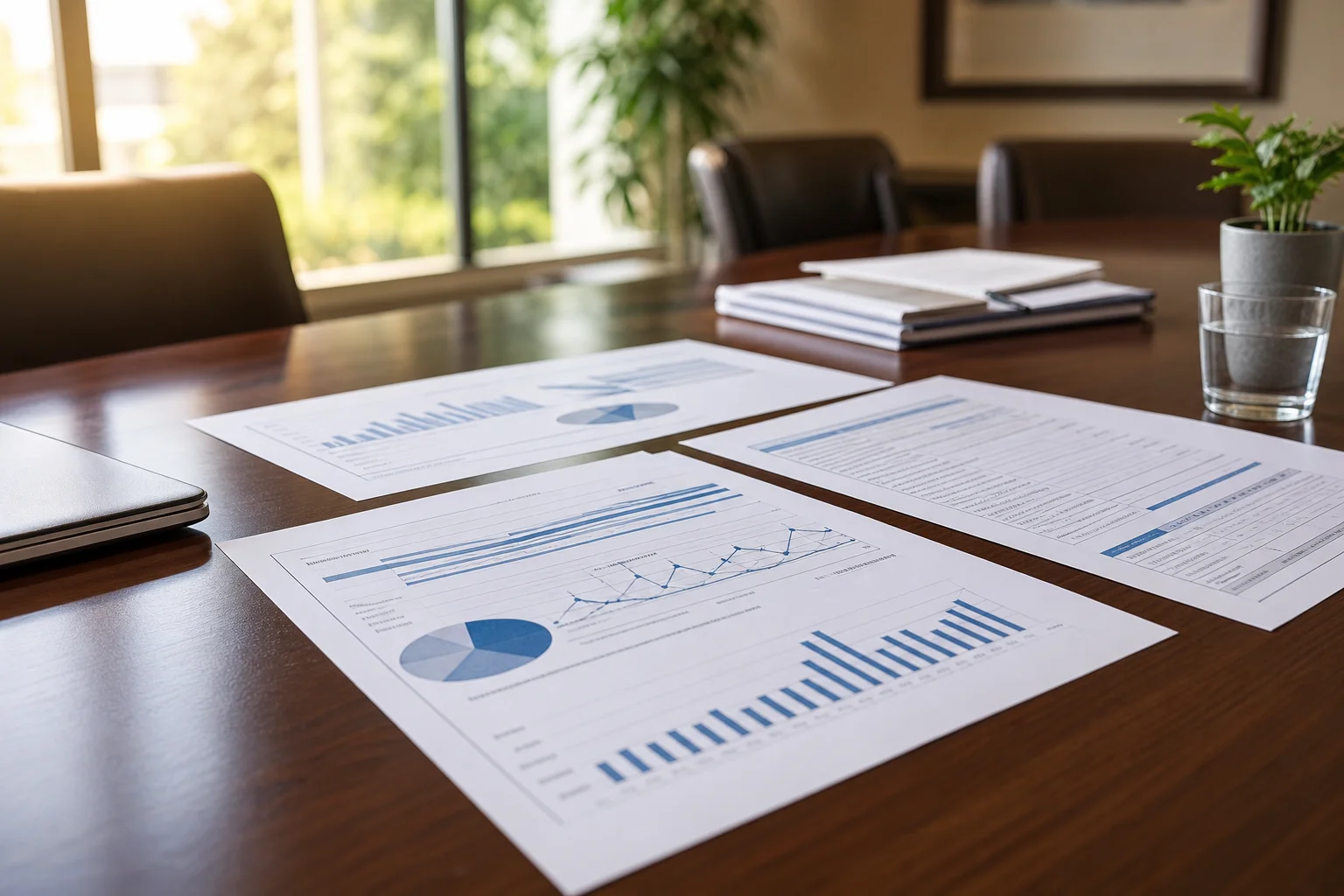 Close-up of HOA financial statements and a balance sheet printed on white paper and spread neatly on a polished dark-wood conference table, warm natural window light, shallow depth of field, no people, no legible text on documents