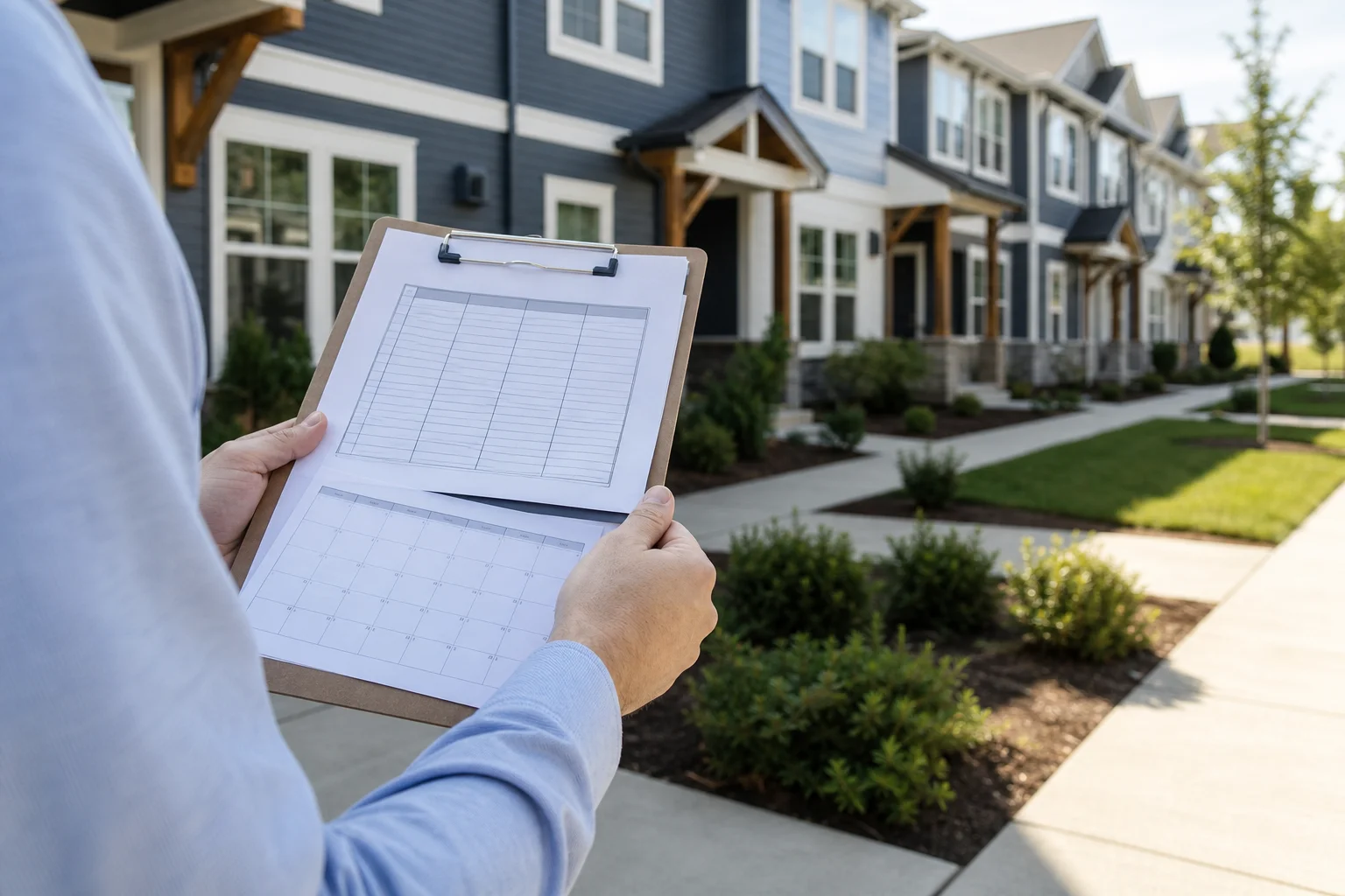 Property manager documenting material participation hours for a rental property in front of townhome exteriors