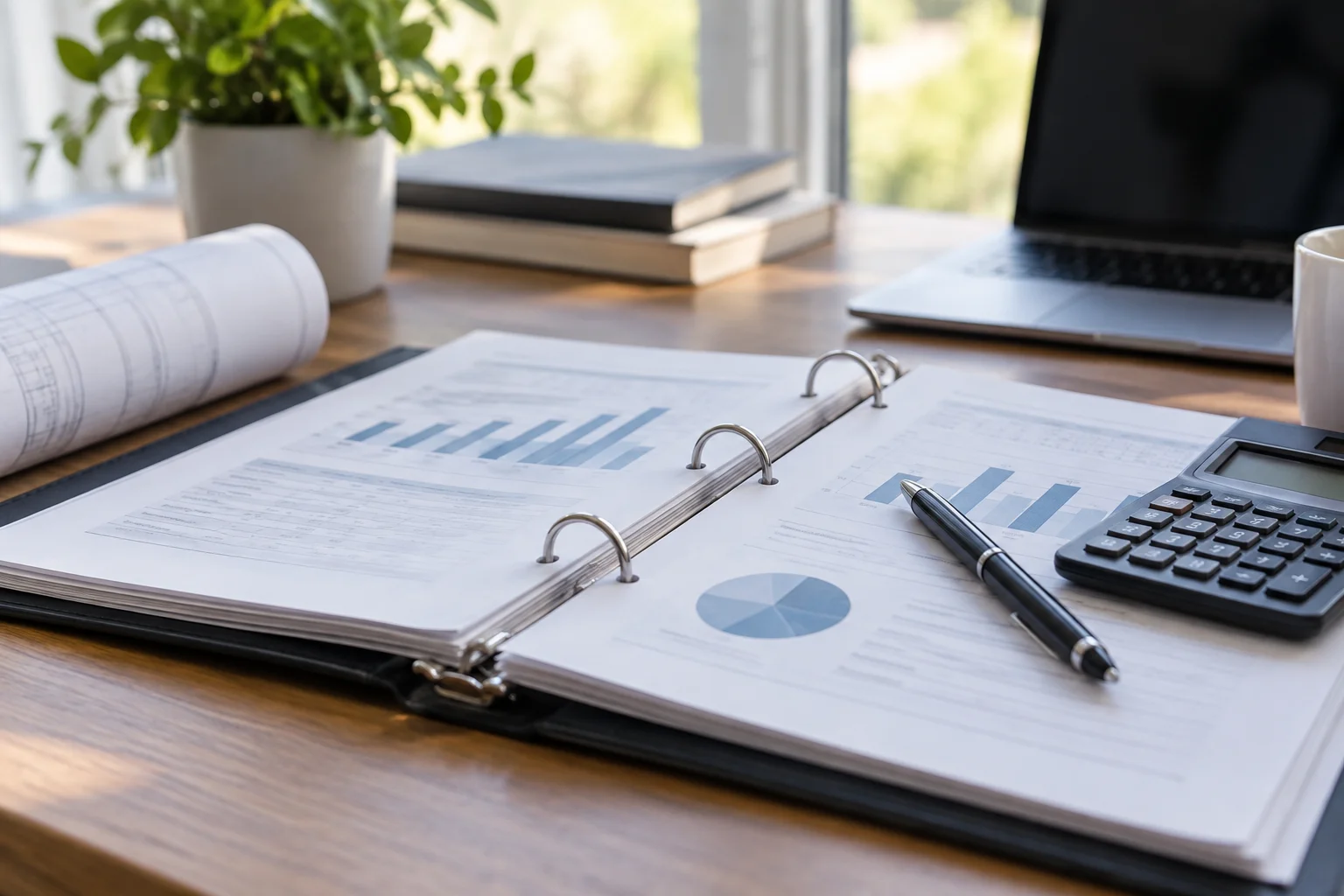 Reserve study report with financial charts and a calculator on a desk, representing HOA reserve funding compliance planning