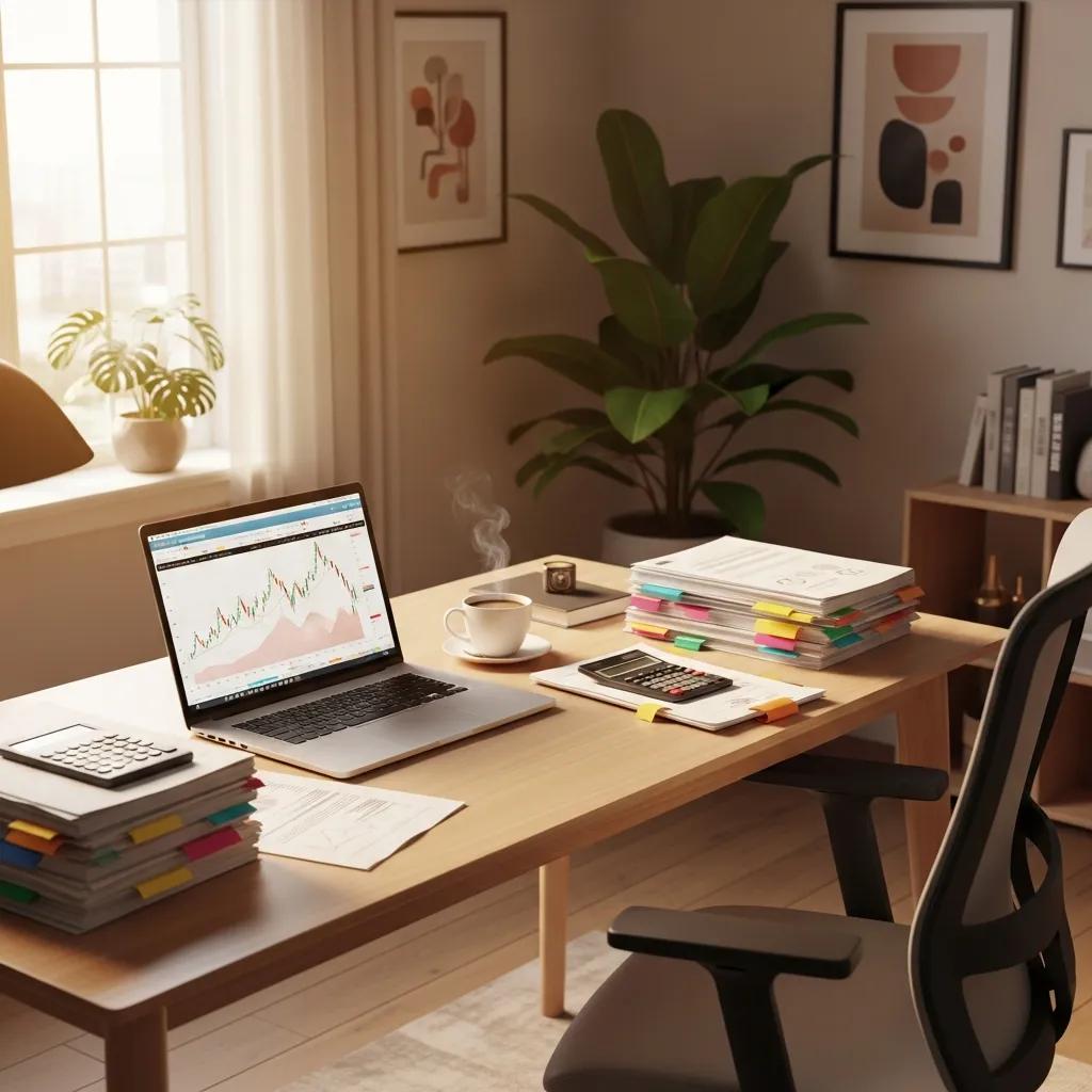 Cozy home office with laptop and financial documents, representing real estate bookkeeping