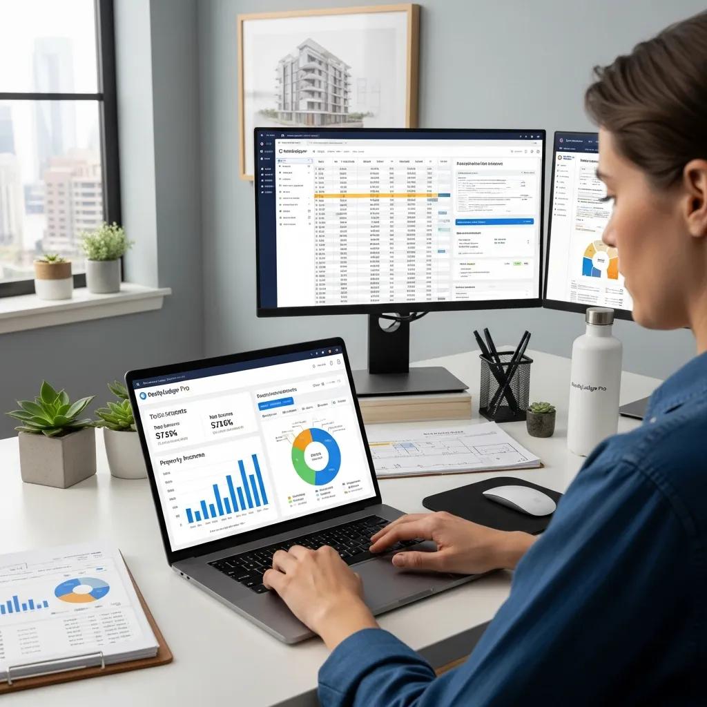 Person using bookkeeping software on a laptop, highlighting automation in real estate accounting
