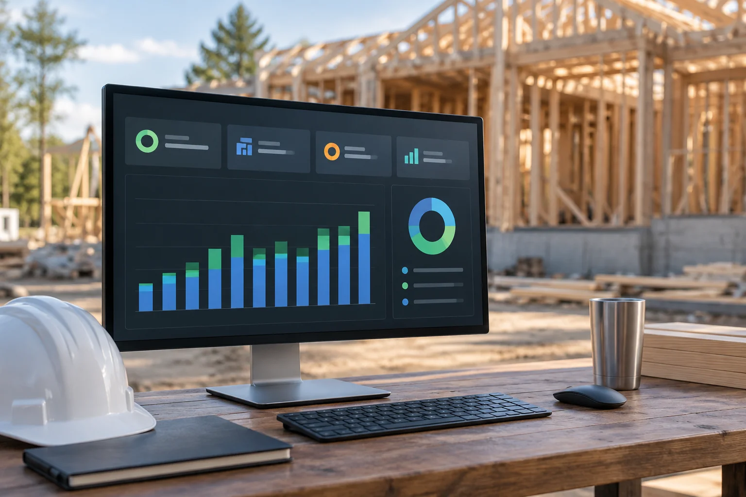 Bar chart dashboard showing job cost data by project overlaid on a construction site photo