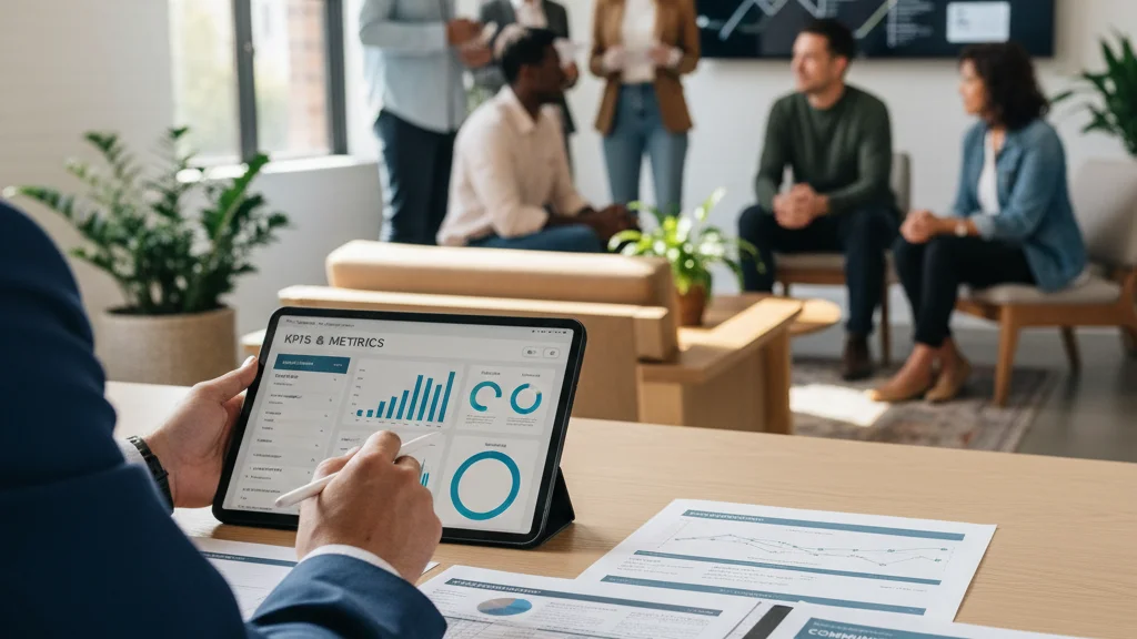 Property management KPI dashboard on tablet held by professional in modern office meeting