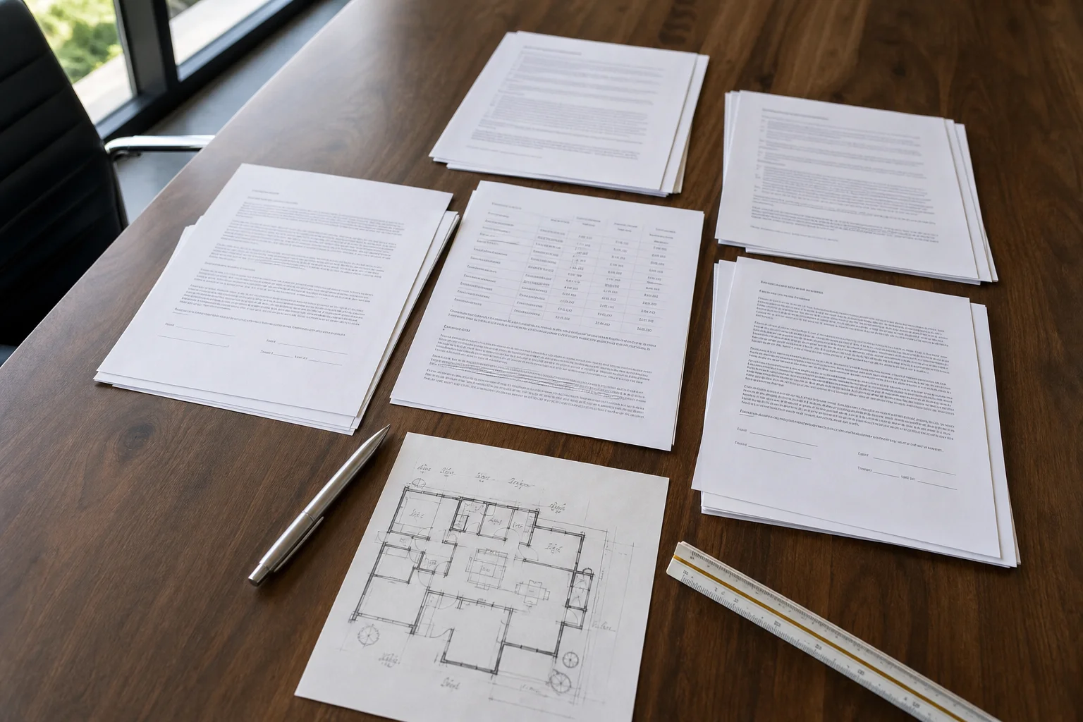 Commercial lease documents spread on a conference table representing lease abstraction vs. lease administration workflows