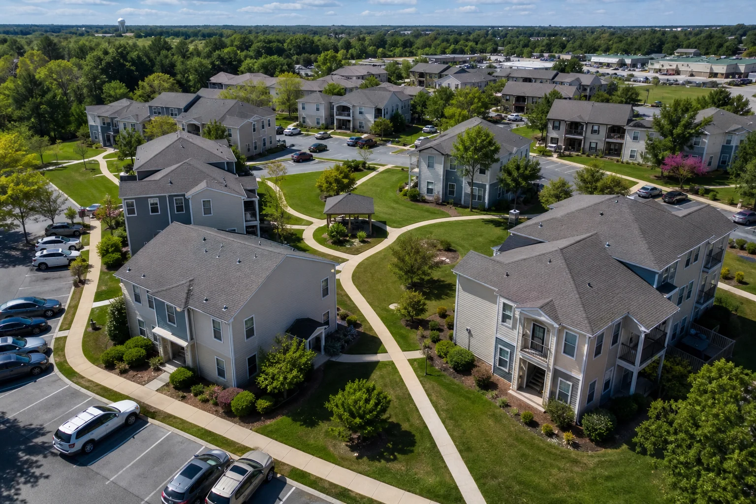 Aerial view of an affordable housing apartment community supporting LIHTC compliance accounting