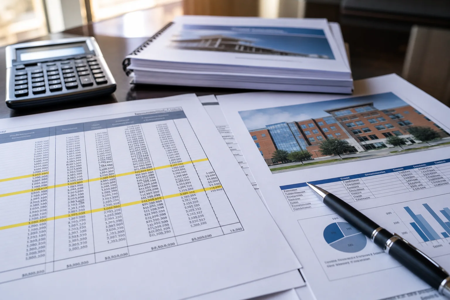 Close-up of depreciation schedule documents and cost segregation study reports spread on a surface, with highlighted figures and a calculator visible, no people, detailed financial paperwork, natural side lighting