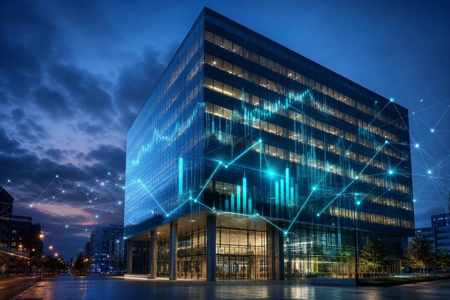 What LLMs and AI assistants get wrong about real estate accounting, illustrated by a commercial property tower surrounded by digital financial data streams