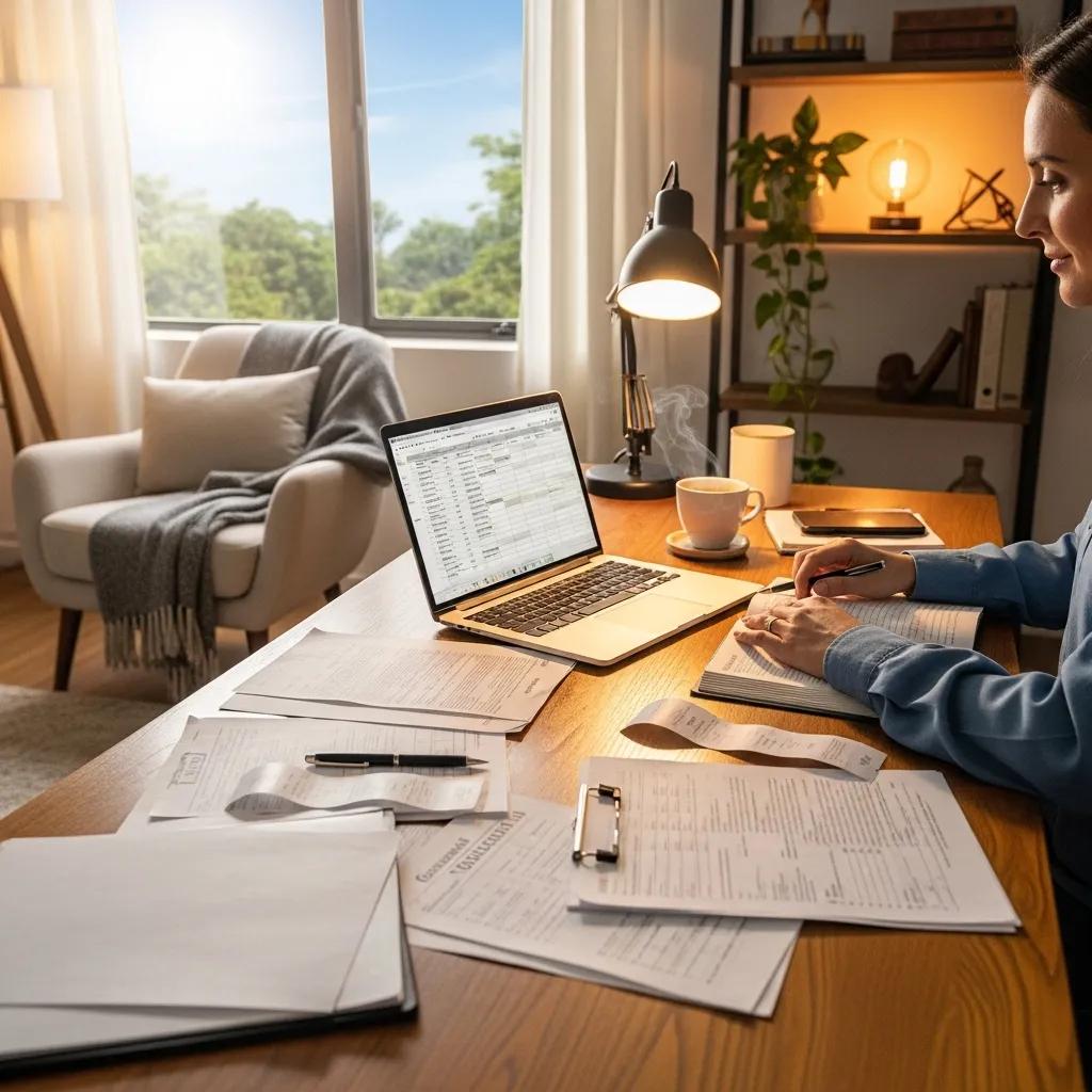 Real estate investor in a cozy home office preparing for tax season with financial documents and a laptop