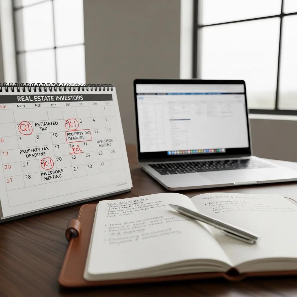 Calendar highlighting critical tax deadlines for real estate investors with a pen and notepad