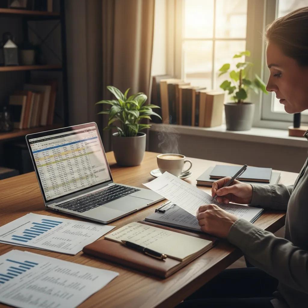 Cozy home office with a property investor reviewing financial documents