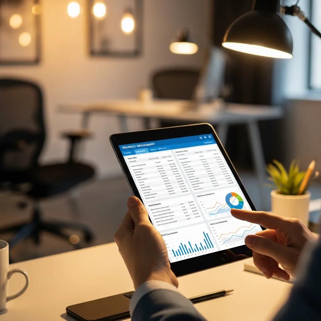 Person using property management software on a tablet in an office