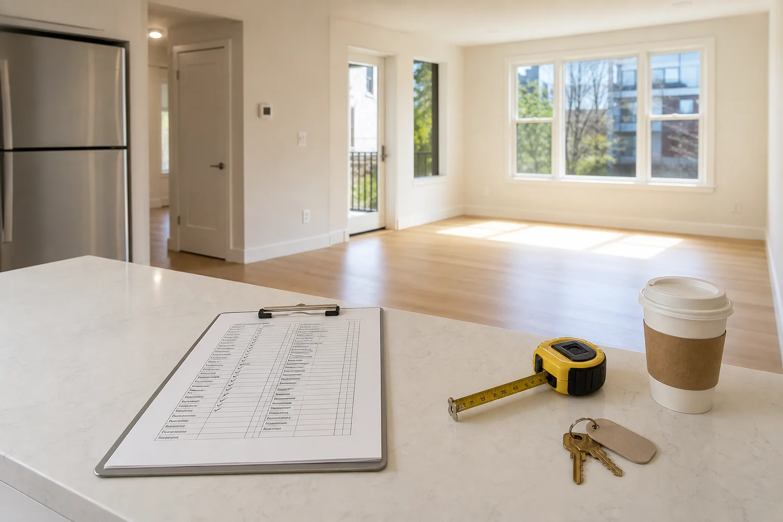 Interior of a vacant residential rental unit with a clipboard, tape measure and property checklist resting on a kitchen counter during a month-end inspection, no person visible