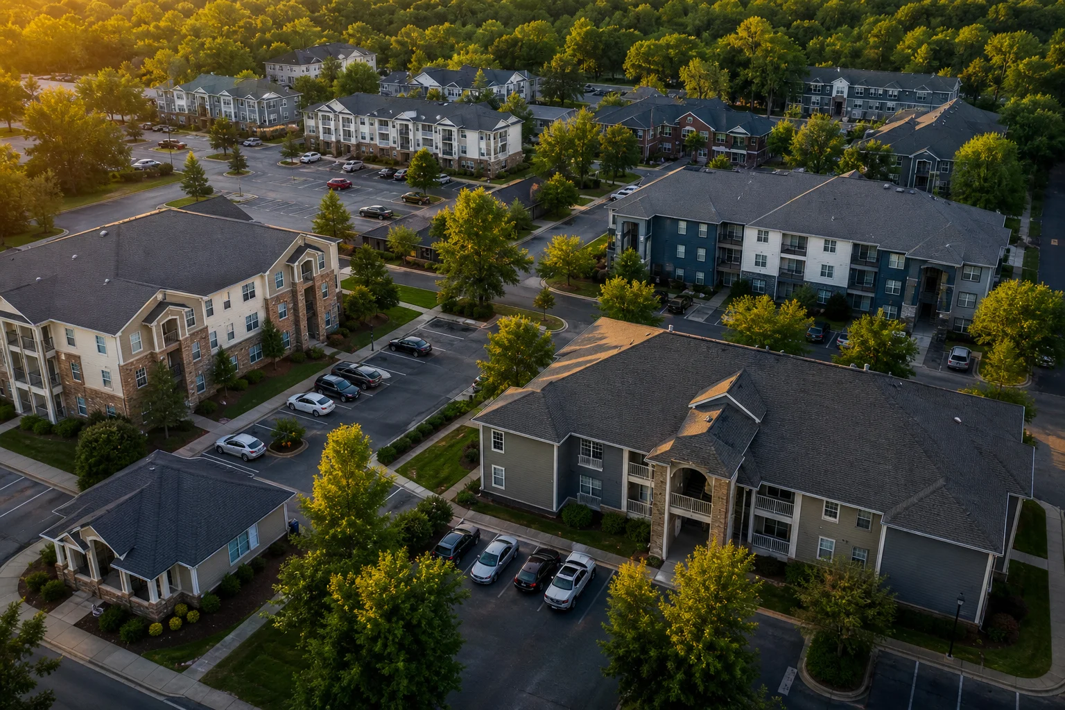 Aerial view of a multi-building apartment portfolio representing entities in MRI multi-entity consolidation