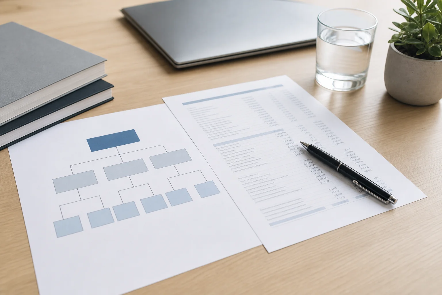Close-up of a consolidated financial report with an entity structure diagram and intercompany elimination entries