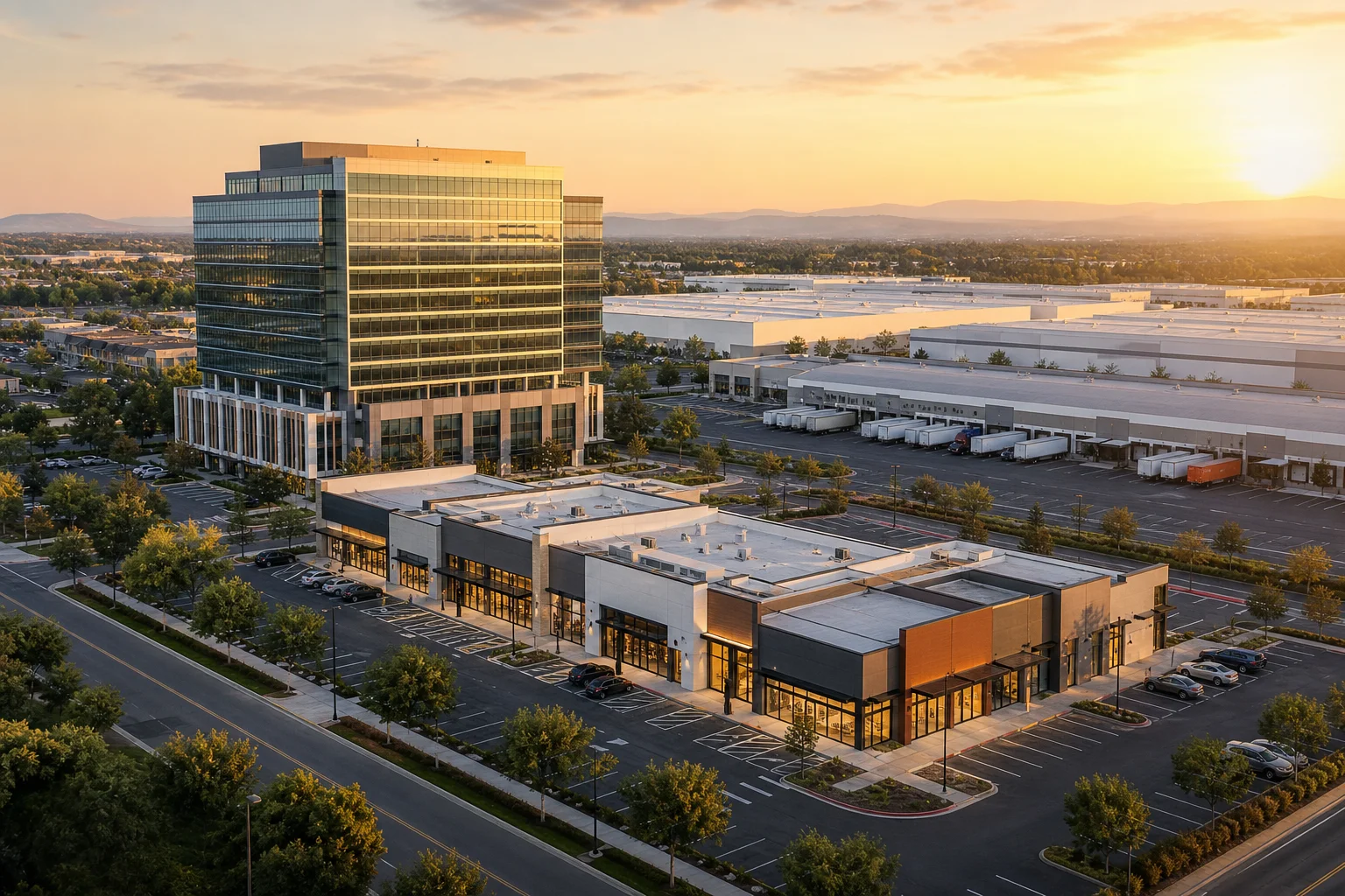 Aerial view of office, retail, and industrial commercial real estate properties illustrating MRI vs Yardi Voyager for commercial portfolios