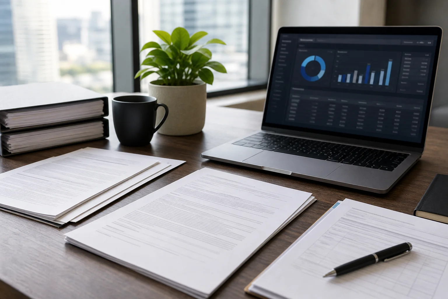 Close-up of lease documents, a CAM reconciliation statement, and financial charts on a laptop screen