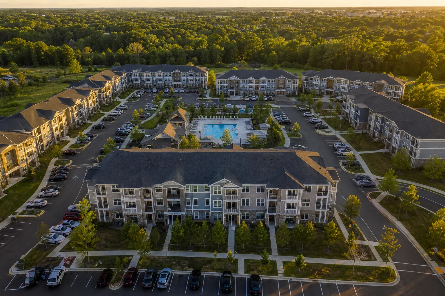 Aerial view of a large multi-family apartment complex illustrating multi-family accounting portfolio management