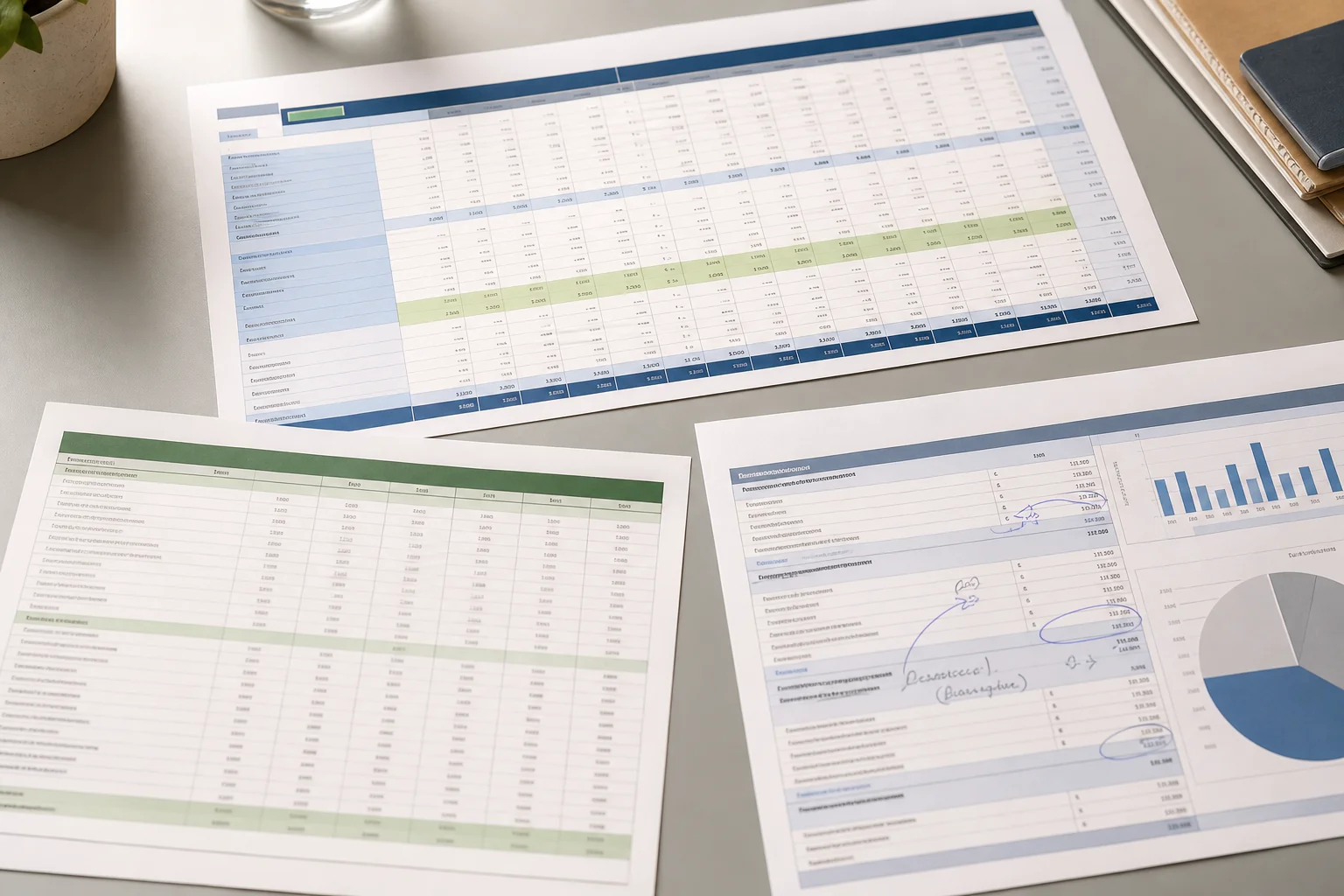 Close-up of real estate financial reports showing a rent roll and operating expense ledger for a multi-family portfolio