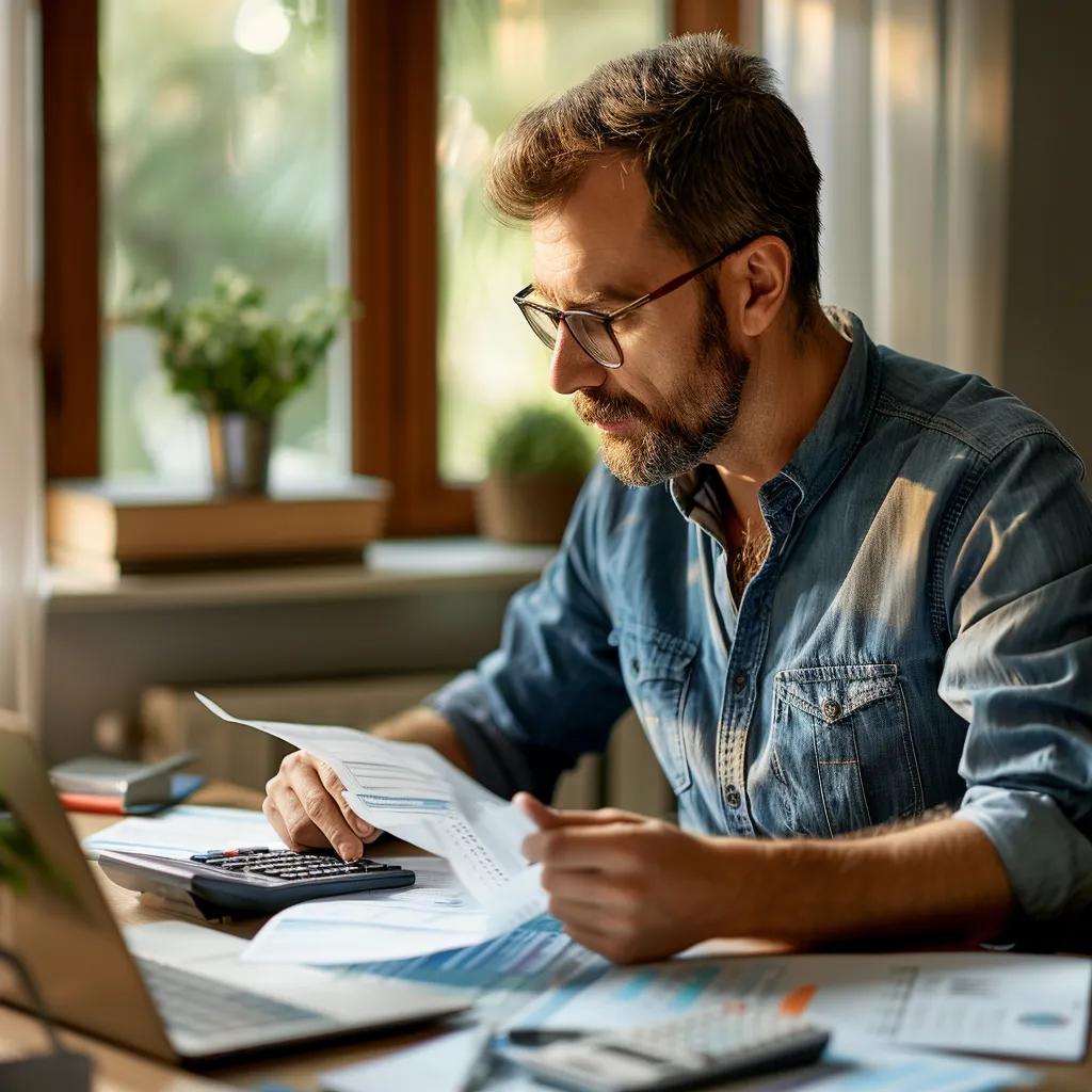 Real estate investor reviewing financial documents and calculator in a home office