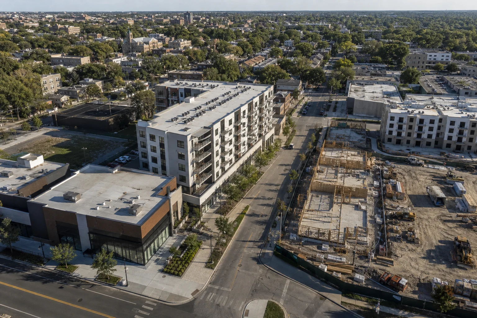 Aerial view of an urban opportunity zone development illustrating opportunity zone fund accounting and reporting requirements