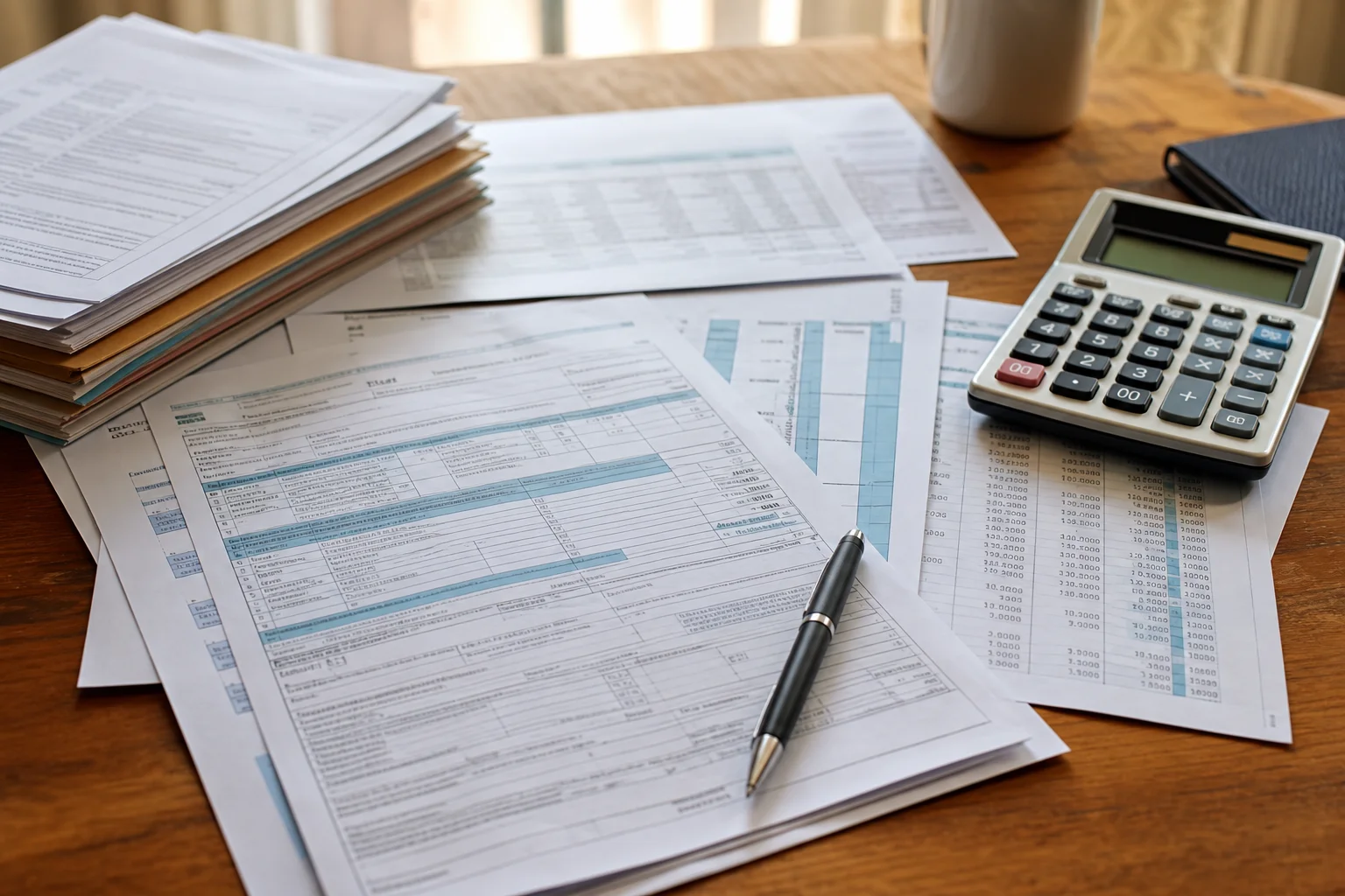 Close-up of financial compliance documents and tax spreadsheets representing opportunity zone fund accounting paperwork