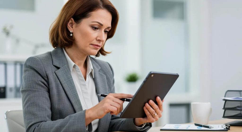 A property manager intently reviewing financial reports on a tablet, emphasizing the accuracy of rent collection and expense tracking