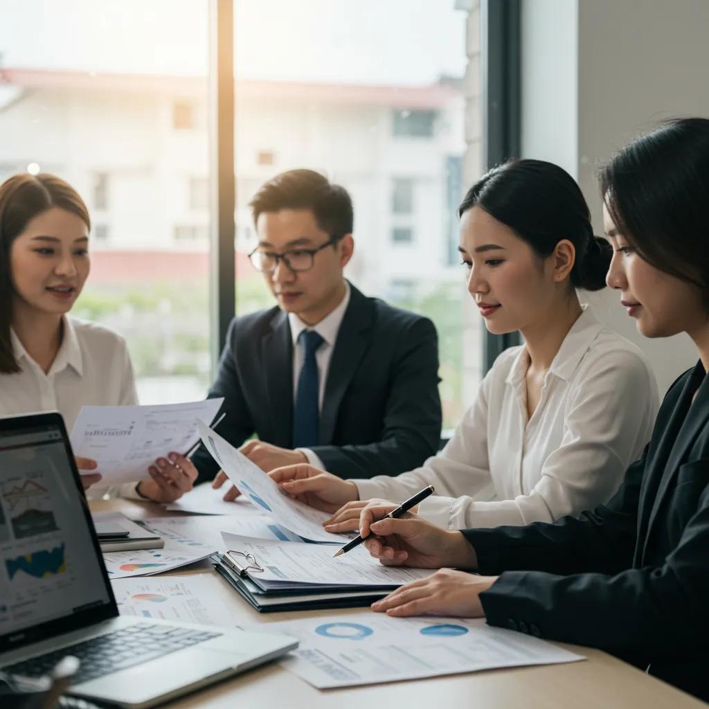 A collaborative team meeting in a modern office setting, discussing outsourced real estate accounting services
