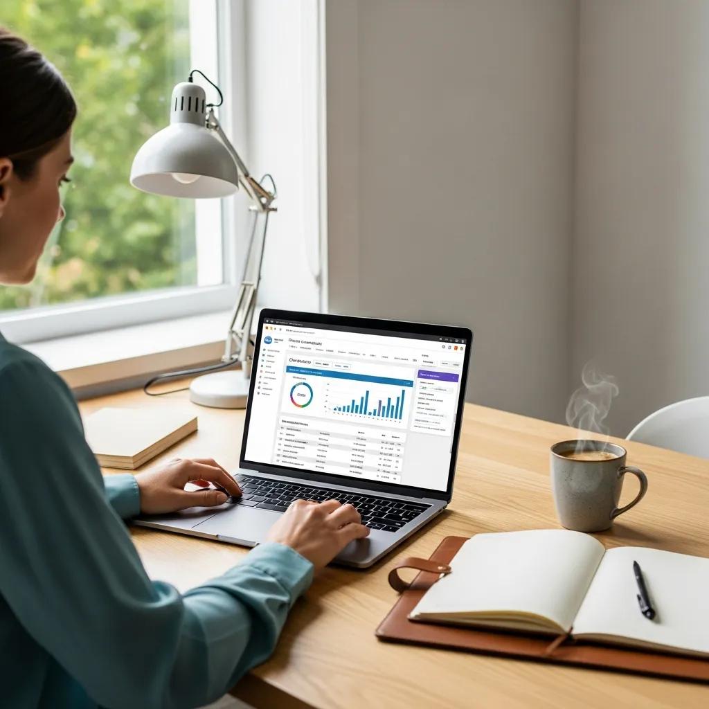 Property manager accessing cloud-based accounting software in a bright workspace