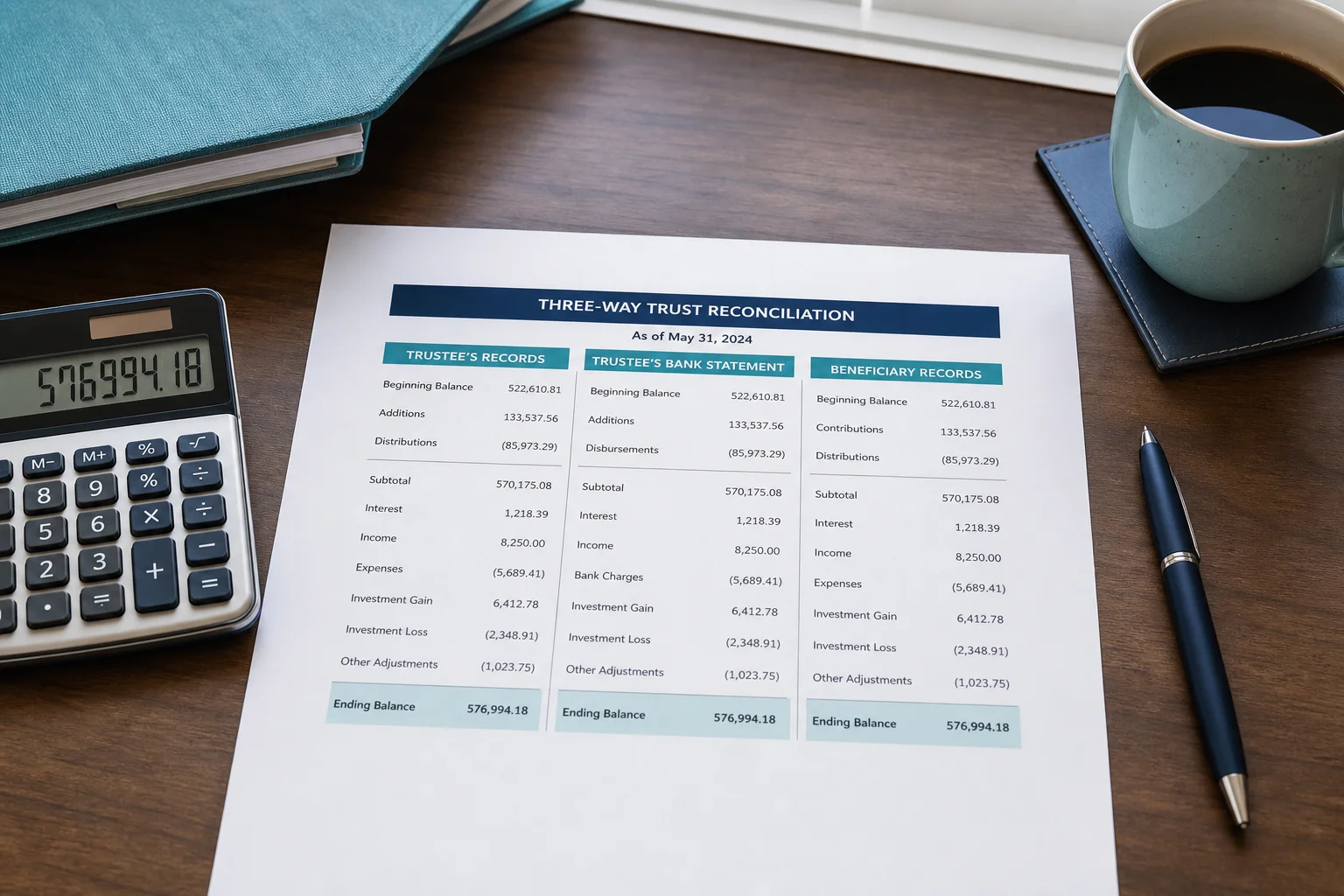 Three-way trust reconciliation worksheet showing bank, book, and owner ledger balances in agreement