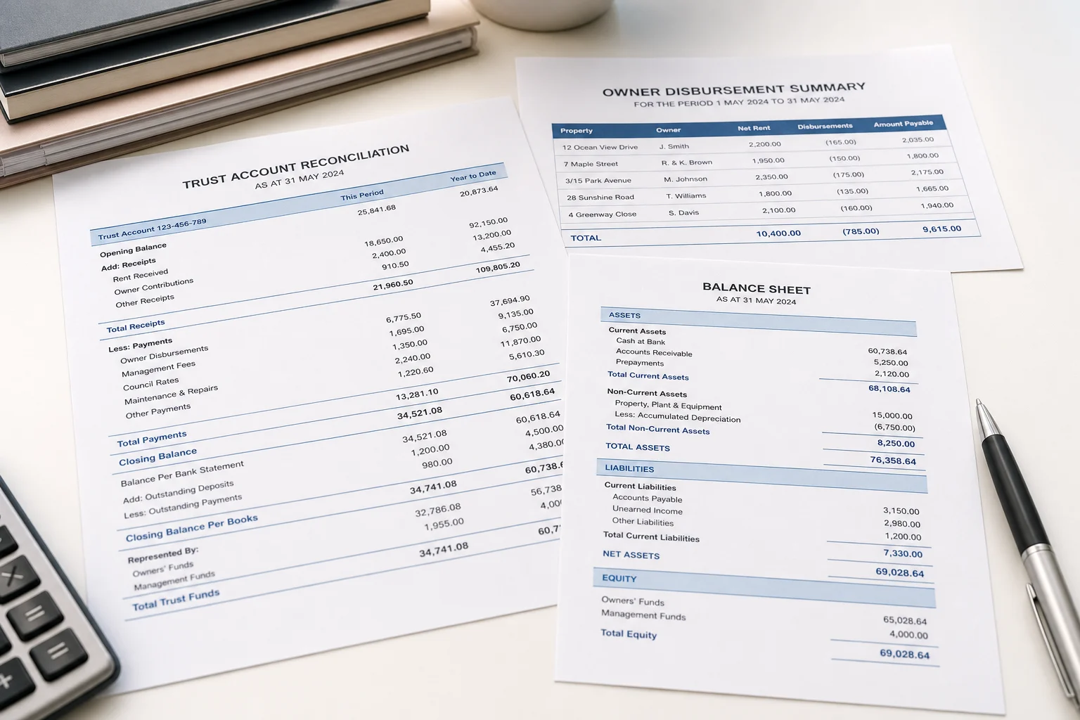 Close-up of property accounting documents including trust account reconciliation statements and owner disbursement reports for a Chicago property management firm