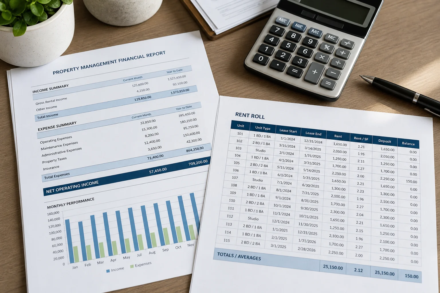 Property management financial reports and rent roll documents on a desk for Los Angeles portfolio accounting