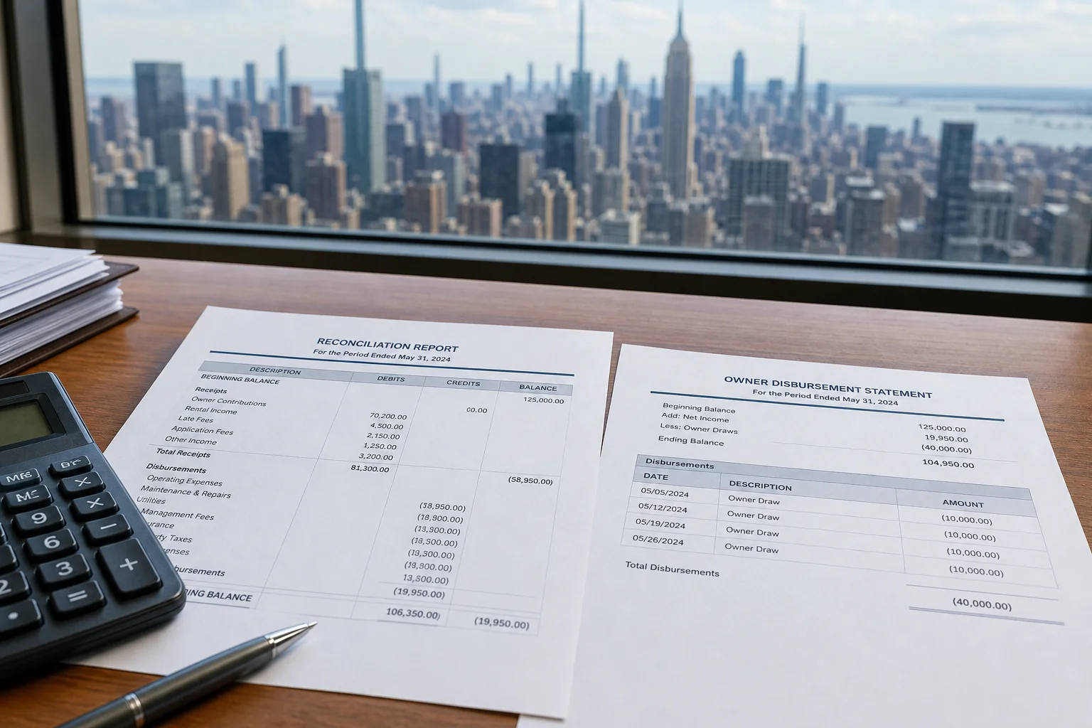 Close-up of a property management trust reconciliation report and owner disbursement statement on a desk with a New York City skyline in the background