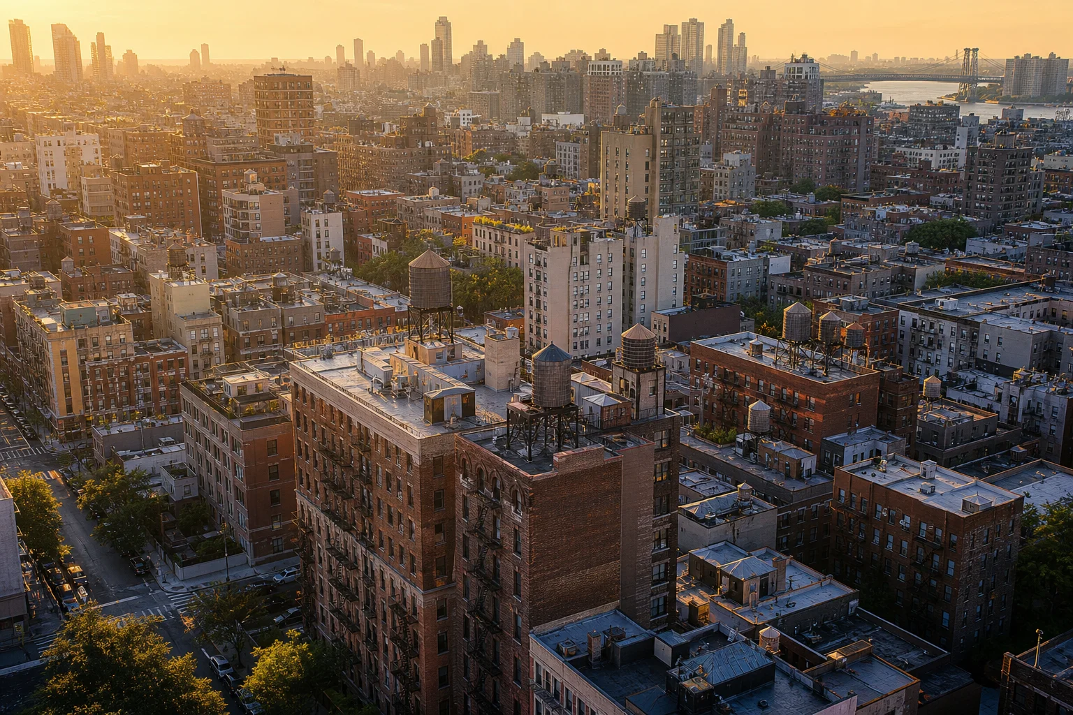 Aerial view of New York City apartment buildings representing outsourced accounting for property management companies in New York City