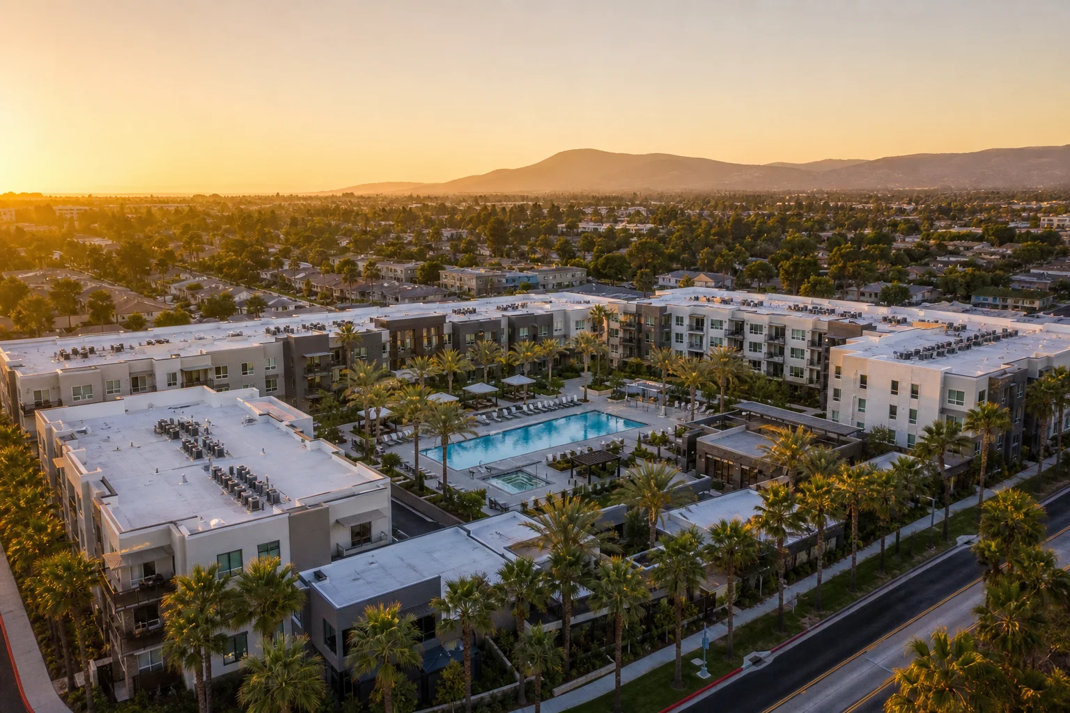 Aerial view of a multifamily apartment community in Orange County, California, representing outsourced accounting for property management companies in Orange County