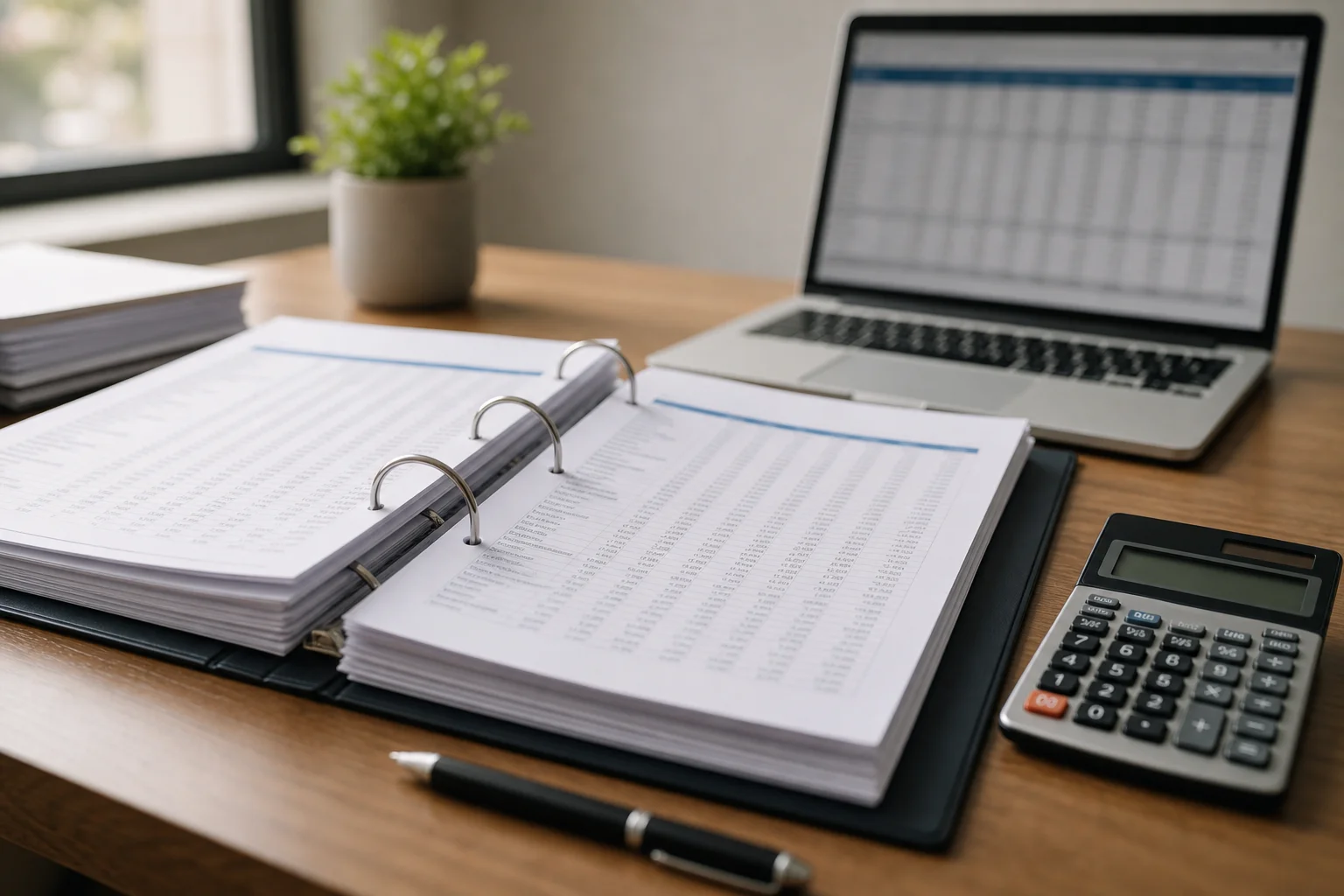Close-up of a property management trust account reconciliation ledger and calculator