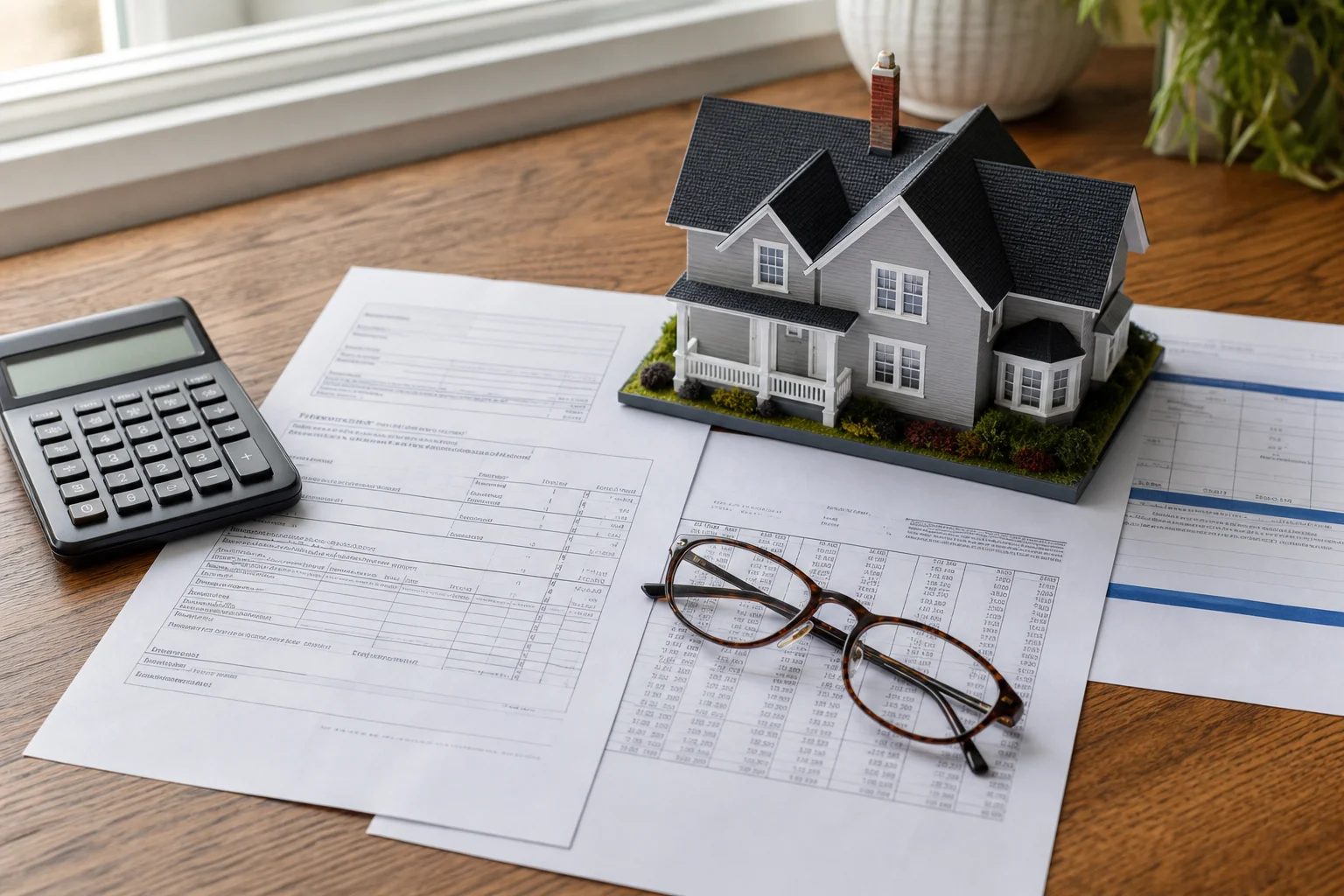 Close-up of a real estate tax return, calculator, and property depreciation schedule on a desk with a small house model, no text visible