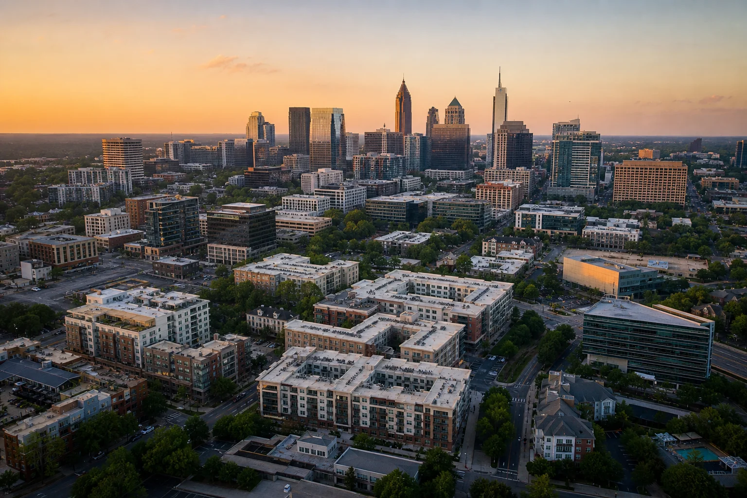 Aerial view of Atlanta commercial and residential properties representing outsourced real estate accounting in Atlanta